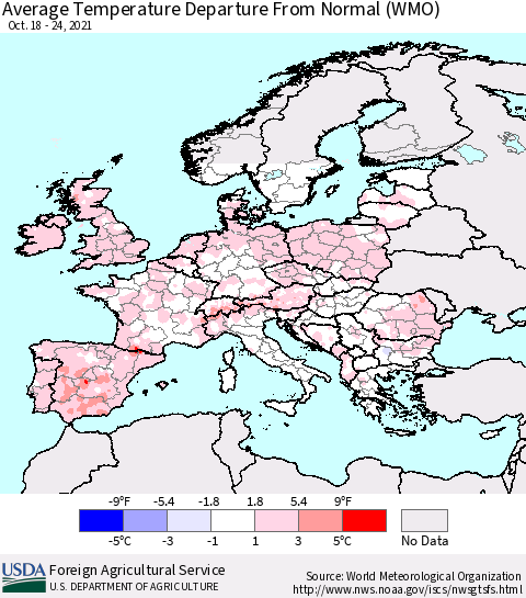 Europe Average Temperature Departure from Normal (WMO) Thematic Map For 10/18/2021 - 10/24/2021