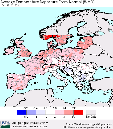 Europe Average Temperature Departure from Normal (WMO) Thematic Map For 10/25/2021 - 10/31/2021