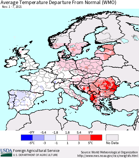 Europe Average Temperature Departure from Normal (WMO) Thematic Map For 11/1/2021 - 11/7/2021