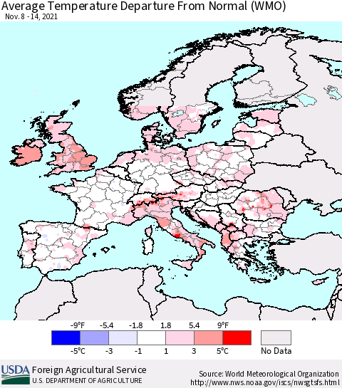 Europe Average Temperature Departure from Normal (WMO) Thematic Map For 11/8/2021 - 11/14/2021
