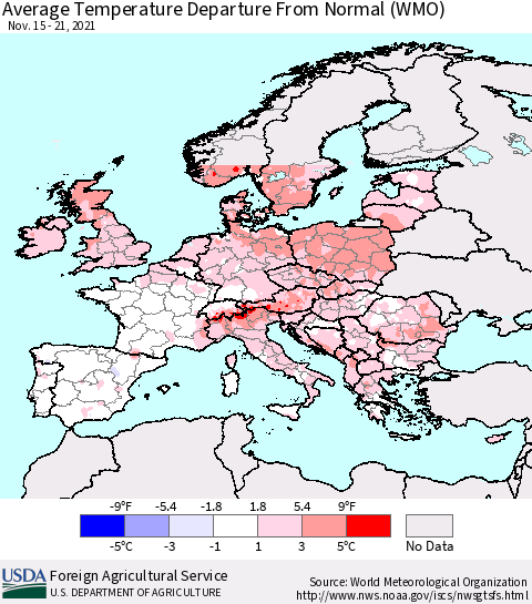 Europe Average Temperature Departure from Normal (WMO) Thematic Map For 11/15/2021 - 11/21/2021