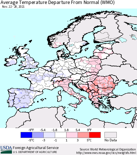Europe Average Temperature Departure from Normal (WMO) Thematic Map For 11/22/2021 - 11/28/2021