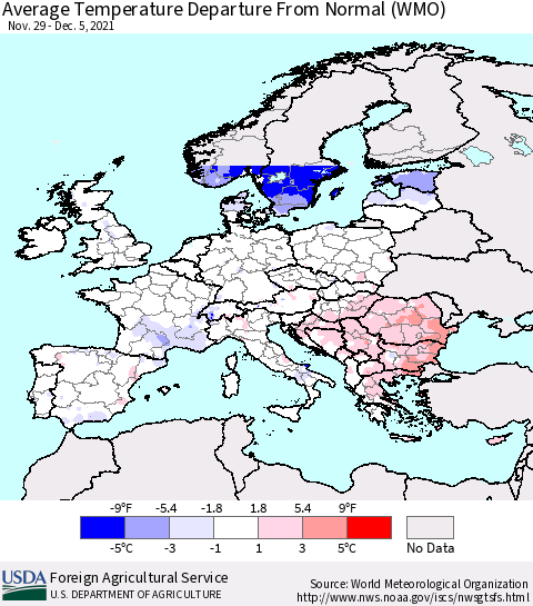 Europe Average Temperature Departure from Normal (WMO) Thematic Map For 11/29/2021 - 12/5/2021