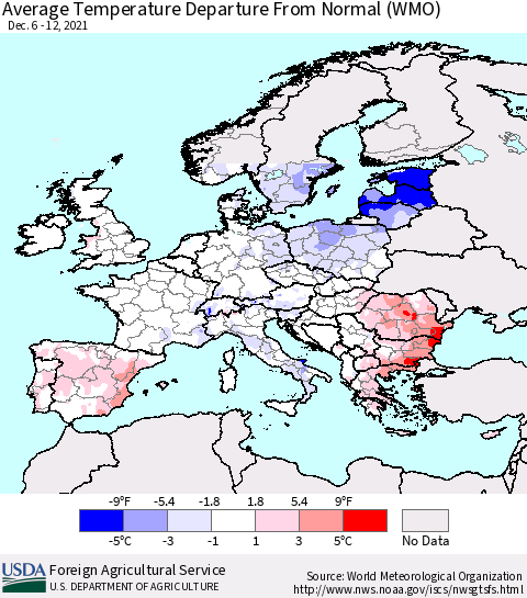Europe Average Temperature Departure from Normal (WMO) Thematic Map For 12/6/2021 - 12/12/2021