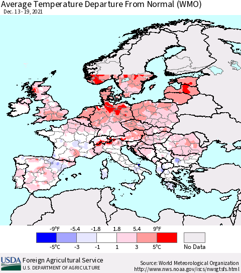 Europe Average Temperature Departure from Normal (WMO) Thematic Map For 12/13/2021 - 12/19/2021