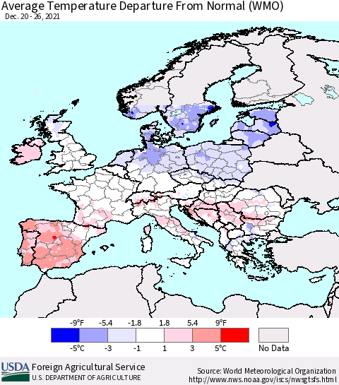 Europe Average Temperature Departure from Normal (WMO) Thematic Map For 12/20/2021 - 12/26/2021