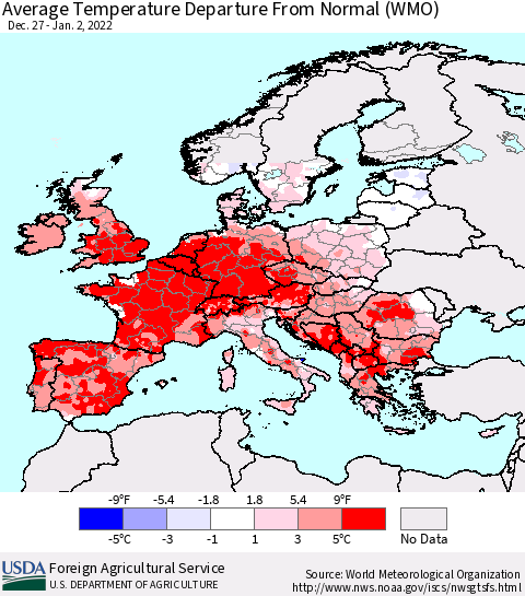 Europe Average Temperature Departure from Normal (WMO) Thematic Map For 12/27/2021 - 1/2/2022