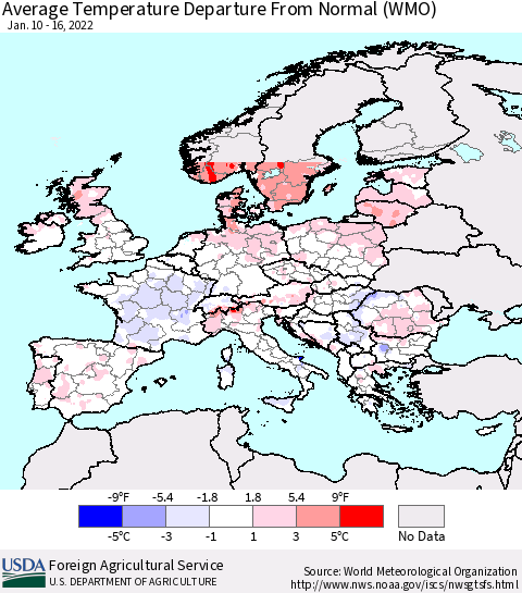 Europe Average Temperature Departure from Normal (WMO) Thematic Map For 1/10/2022 - 1/16/2022