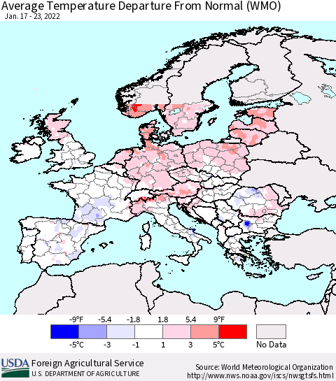 Europe Average Temperature Departure from Normal (WMO) Thematic Map For 1/17/2022 - 1/23/2022