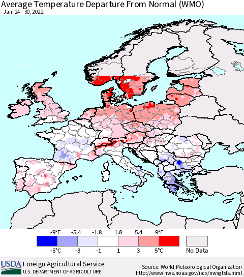 Europe Average Temperature Departure from Normal (WMO) Thematic Map For 1/24/2022 - 1/30/2022
