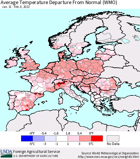 Europe Average Temperature Departure from Normal (WMO) Thematic Map For 1/31/2022 - 2/6/2022