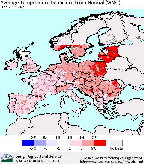 Europe Average Temperature Departure from Normal (WMO) Thematic Map For 2/7/2022 - 2/13/2022