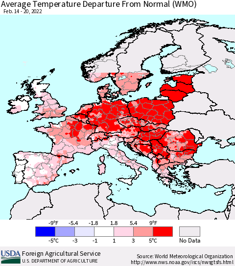 Europe Average Temperature Departure from Normal (WMO) Thematic Map For 2/14/2022 - 2/20/2022