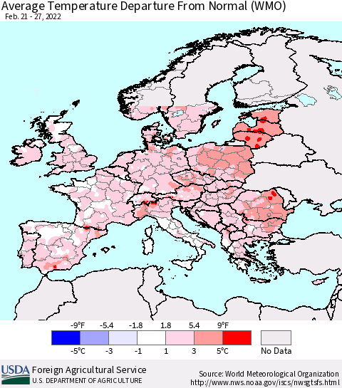 Europe Average Temperature Departure from Normal (WMO) Thematic Map For 2/21/2022 - 2/27/2022