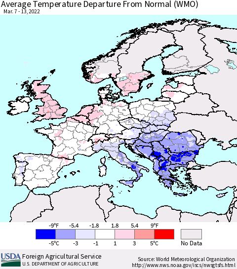 Europe Average Temperature Departure from Normal (WMO) Thematic Map For 3/7/2022 - 3/13/2022