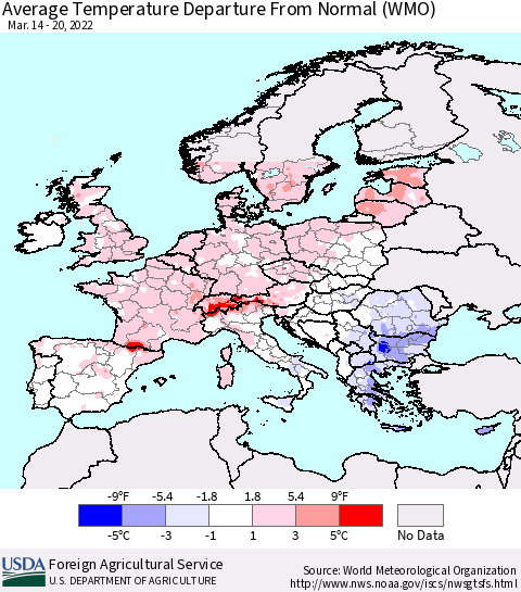 Europe Average Temperature Departure from Normal (WMO) Thematic Map For 3/14/2022 - 3/20/2022