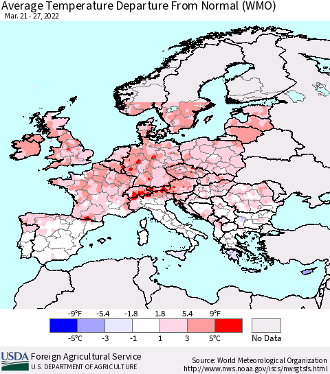 Europe Average Temperature Departure from Normal (WMO) Thematic Map For 3/21/2022 - 3/27/2022