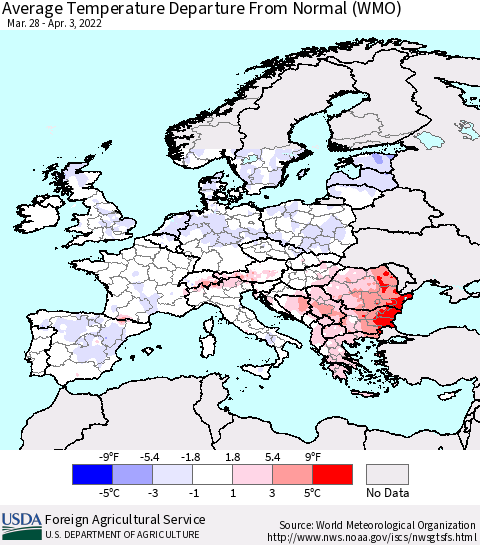 Europe Average Temperature Departure from Normal (WMO) Thematic Map For 3/28/2022 - 4/3/2022