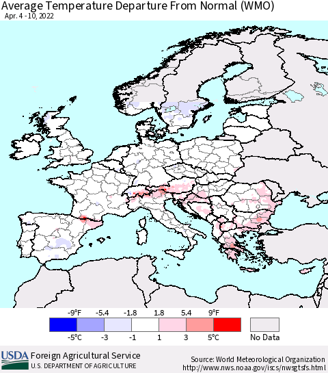 Europe Average Temperature Departure from Normal (WMO) Thematic Map For 4/4/2022 - 4/10/2022