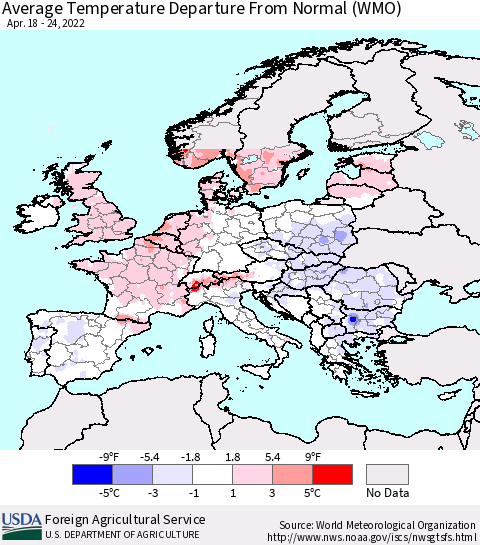 Europe Average Temperature Departure from Normal (WMO) Thematic Map For 4/18/2022 - 4/24/2022