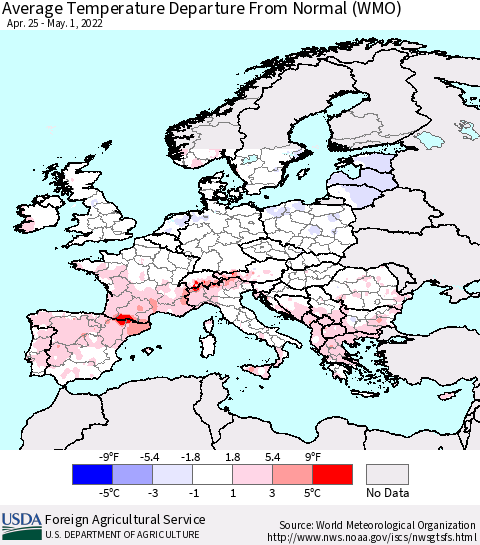 Europe Average Temperature Departure from Normal (WMO) Thematic Map For 4/25/2022 - 5/1/2022