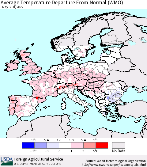 Europe Average Temperature Departure from Normal (WMO) Thematic Map For 5/2/2022 - 5/8/2022