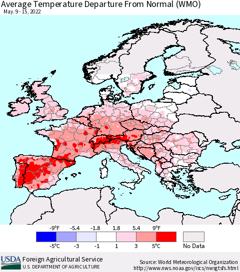 Europe Average Temperature Departure from Normal (WMO) Thematic Map For 5/9/2022 - 5/15/2022