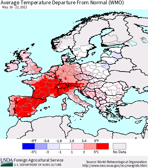 Europe Average Temperature Departure from Normal (WMO) Thematic Map For 5/16/2022 - 5/22/2022