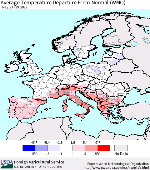 Europe Average Temperature Departure from Normal (WMO) Thematic Map For 5/23/2022 - 5/29/2022