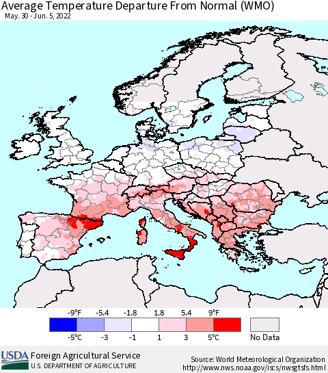 Europe Average Temperature Departure from Normal (WMO) Thematic Map For 5/30/2022 - 6/5/2022