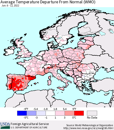 Europe Average Temperature Departure from Normal (WMO) Thematic Map For 6/6/2022 - 6/12/2022