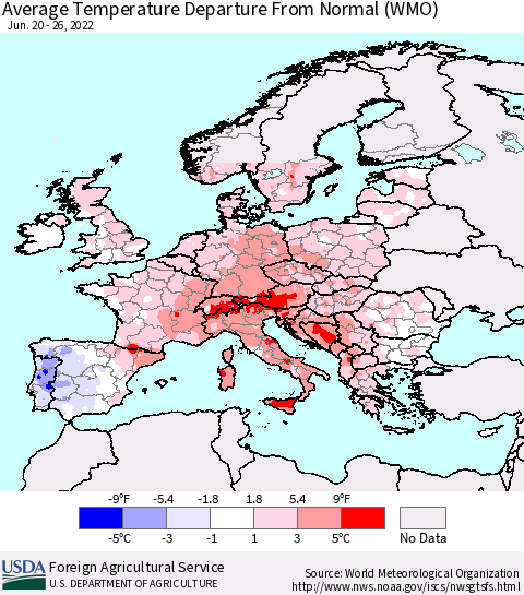 Europe Average Temperature Departure from Normal (WMO) Thematic Map For 6/20/2022 - 6/26/2022