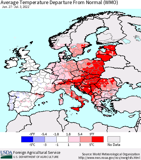 Europe Average Temperature Departure from Normal (WMO) Thematic Map For 6/27/2022 - 7/3/2022