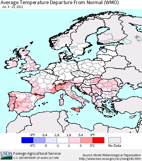 Europe Average Temperature Departure from Normal (WMO) Thematic Map For 7/4/2022 - 7/10/2022