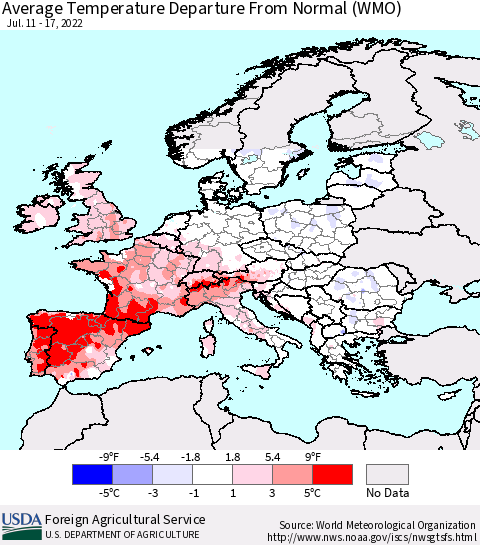 Europe Average Temperature Departure from Normal (WMO) Thematic Map For 7/11/2022 - 7/17/2022