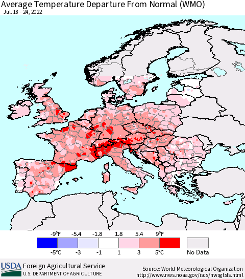 Europe Average Temperature Departure from Normal (WMO) Thematic Map For 7/18/2022 - 7/24/2022