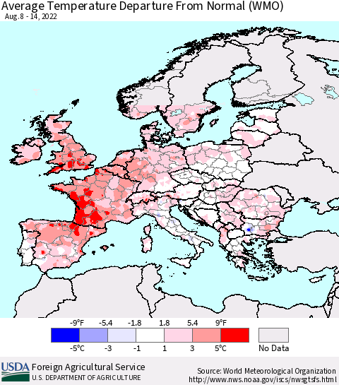 Europe Average Temperature Departure from Normal (WMO) Thematic Map For 8/8/2022 - 8/14/2022