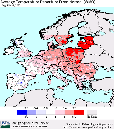 Europe Average Temperature Departure from Normal (WMO) Thematic Map For 8/15/2022 - 8/21/2022