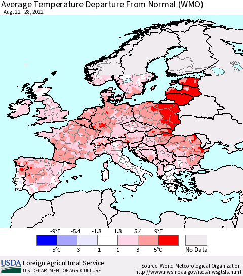 Europe Average Temperature Departure from Normal (WMO) Thematic Map For 8/22/2022 - 8/28/2022