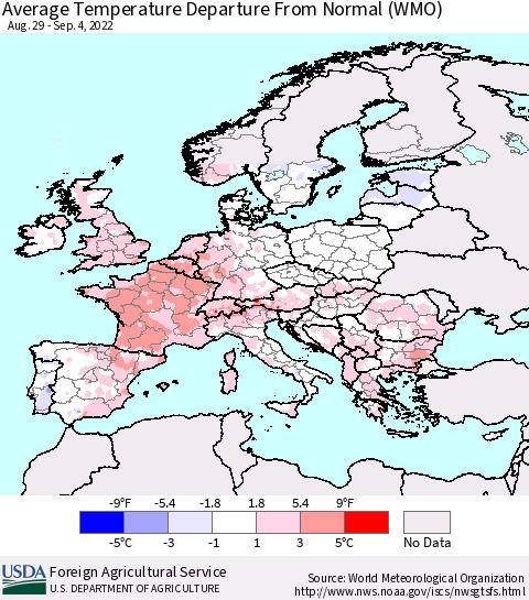 Europe Average Temperature Departure from Normal (WMO) Thematic Map For 8/29/2022 - 9/4/2022