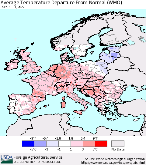 Europe Average Temperature Departure from Normal (WMO) Thematic Map For 9/5/2022 - 9/11/2022