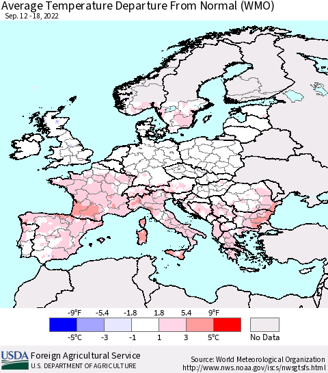 Europe Average Temperature Departure from Normal (WMO) Thematic Map For 9/12/2022 - 9/18/2022