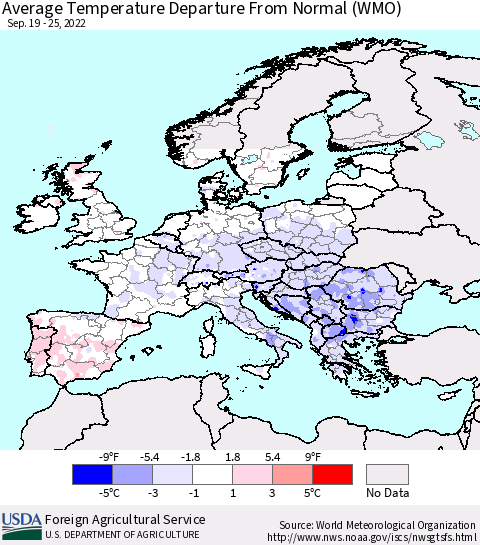 Europe Average Temperature Departure from Normal (WMO) Thematic Map For 9/19/2022 - 9/25/2022