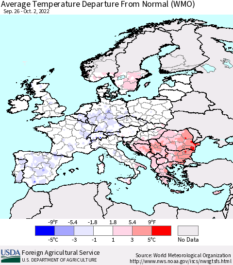 Europe Average Temperature Departure from Normal (WMO) Thematic Map For 9/26/2022 - 10/2/2022