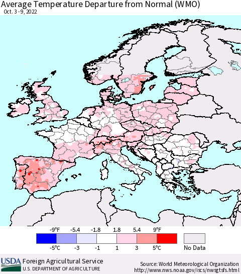 Europe Average Temperature Departure from Normal (WMO) Thematic Map For 10/3/2022 - 10/9/2022