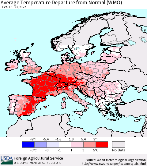 Europe Average Temperature Departure from Normal (WMO) Thematic Map For 10/17/2022 - 10/23/2022