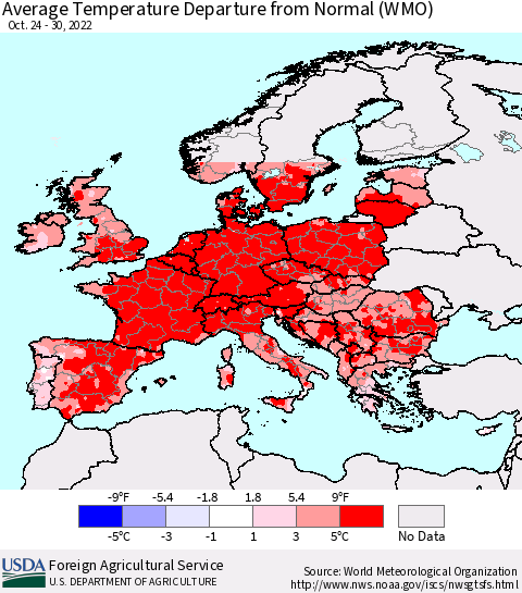 Europe Average Temperature Departure from Normal (WMO) Thematic Map For 10/24/2022 - 10/30/2022