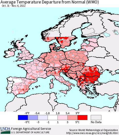 Europe Average Temperature Departure from Normal (WMO) Thematic Map For 10/31/2022 - 11/6/2022