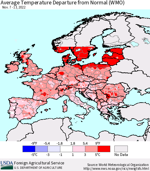 Europe Average Temperature Departure from Normal (WMO) Thematic Map For 11/7/2022 - 11/13/2022