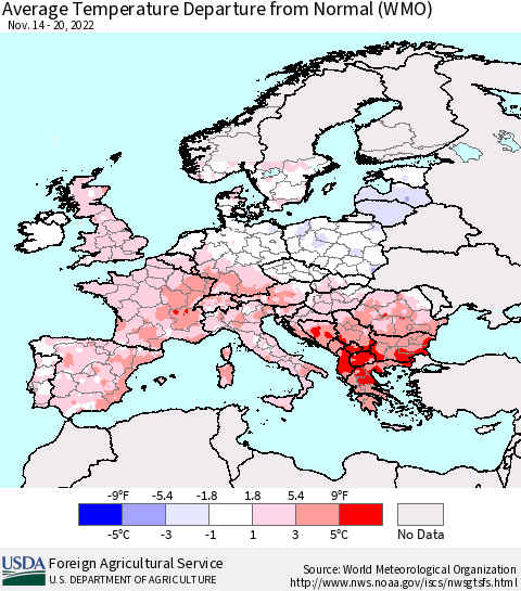 Europe Average Temperature Departure from Normal (WMO) Thematic Map For 11/14/2022 - 11/20/2022
